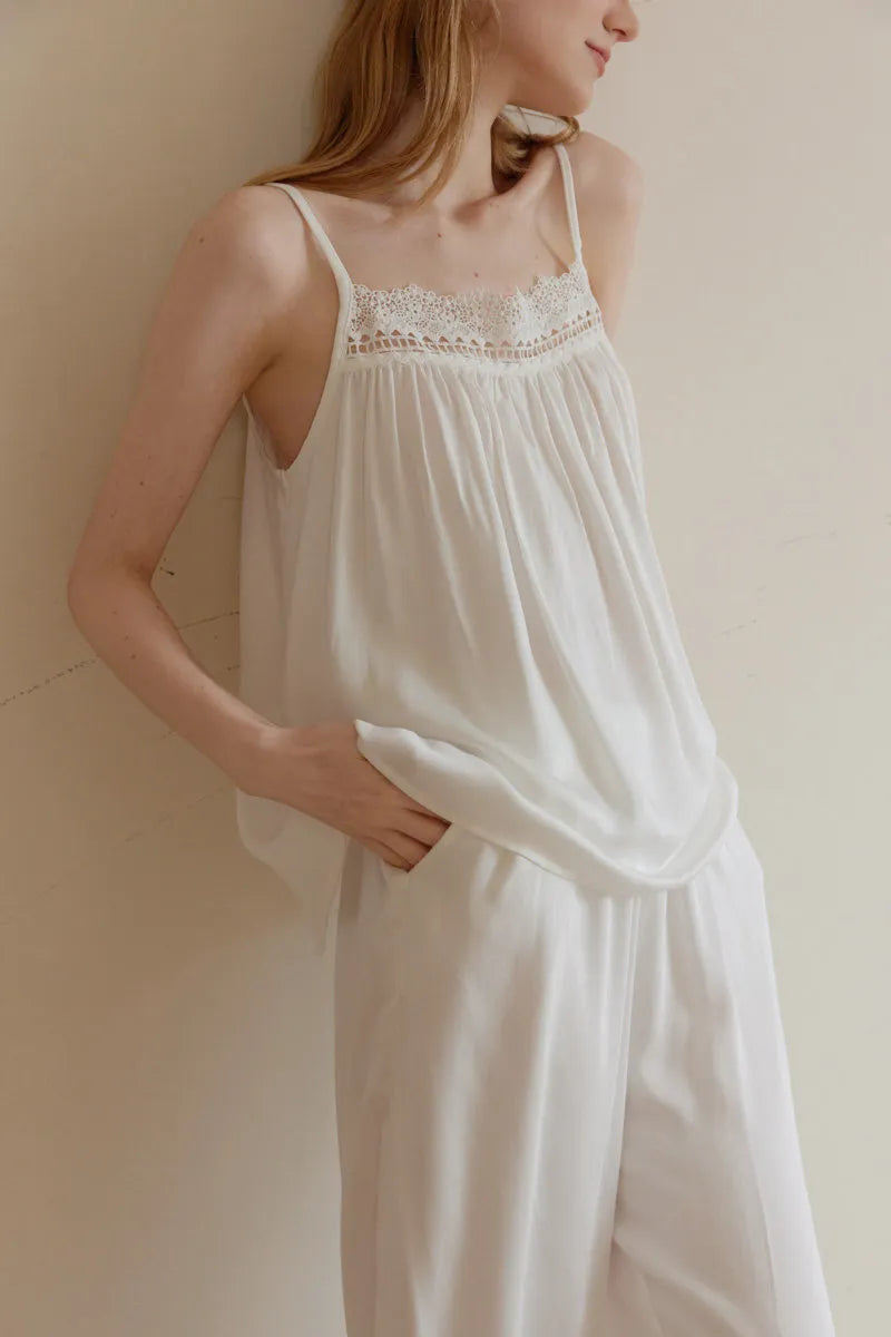 Silky Lace Trim Cotton Sateen Pajama Set