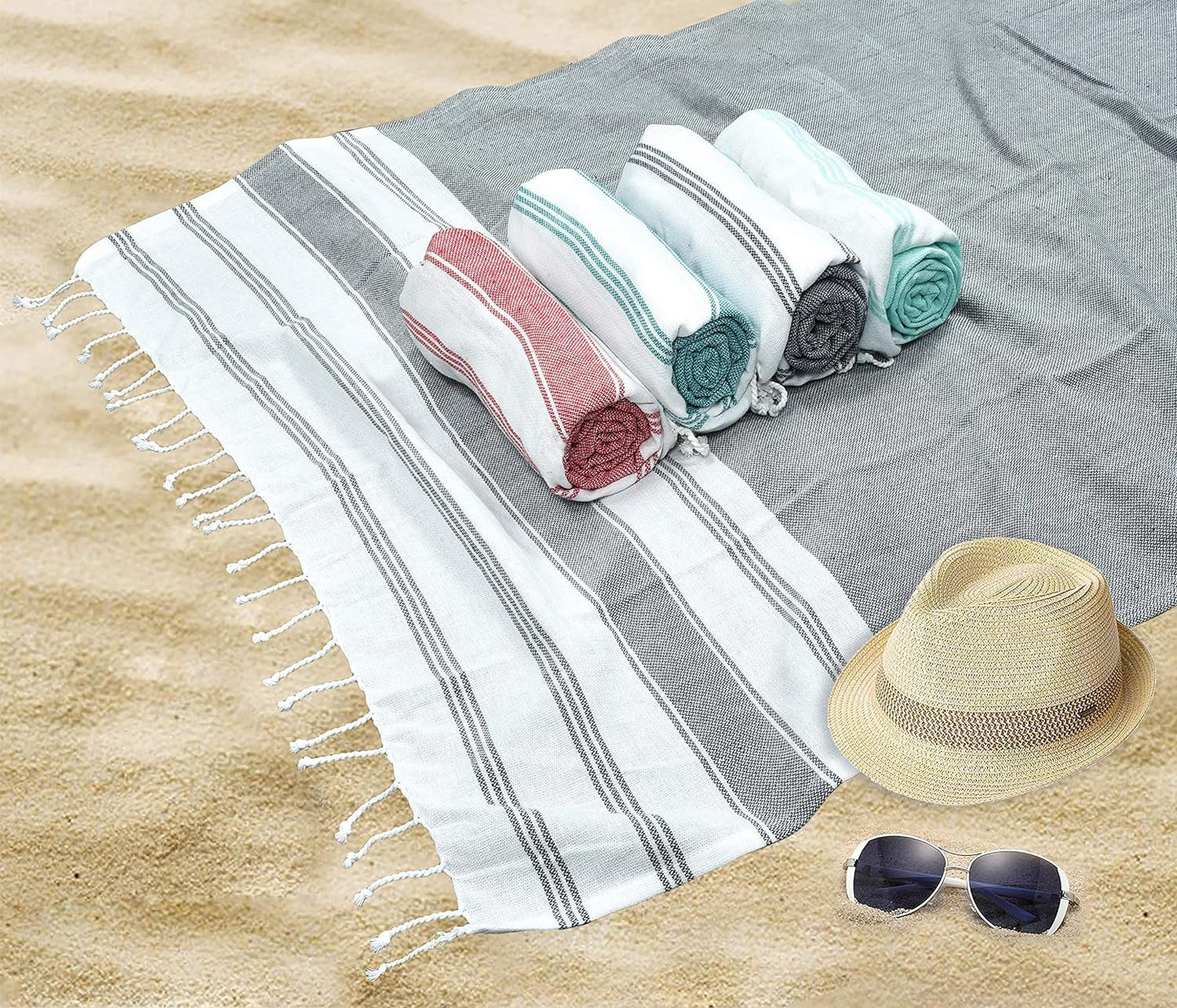 GLAMBURG Peshtemal Turkish Towel 100% Cotton Beach Towels Oversized 36X71 Set of 2, Cotton Beach Towels for Adults, Soft Durable Absorbent Extra Large Bath Sheet Hammam Towel - Charcoal Grey Bath Beach Towels Home & Kitchen Towels