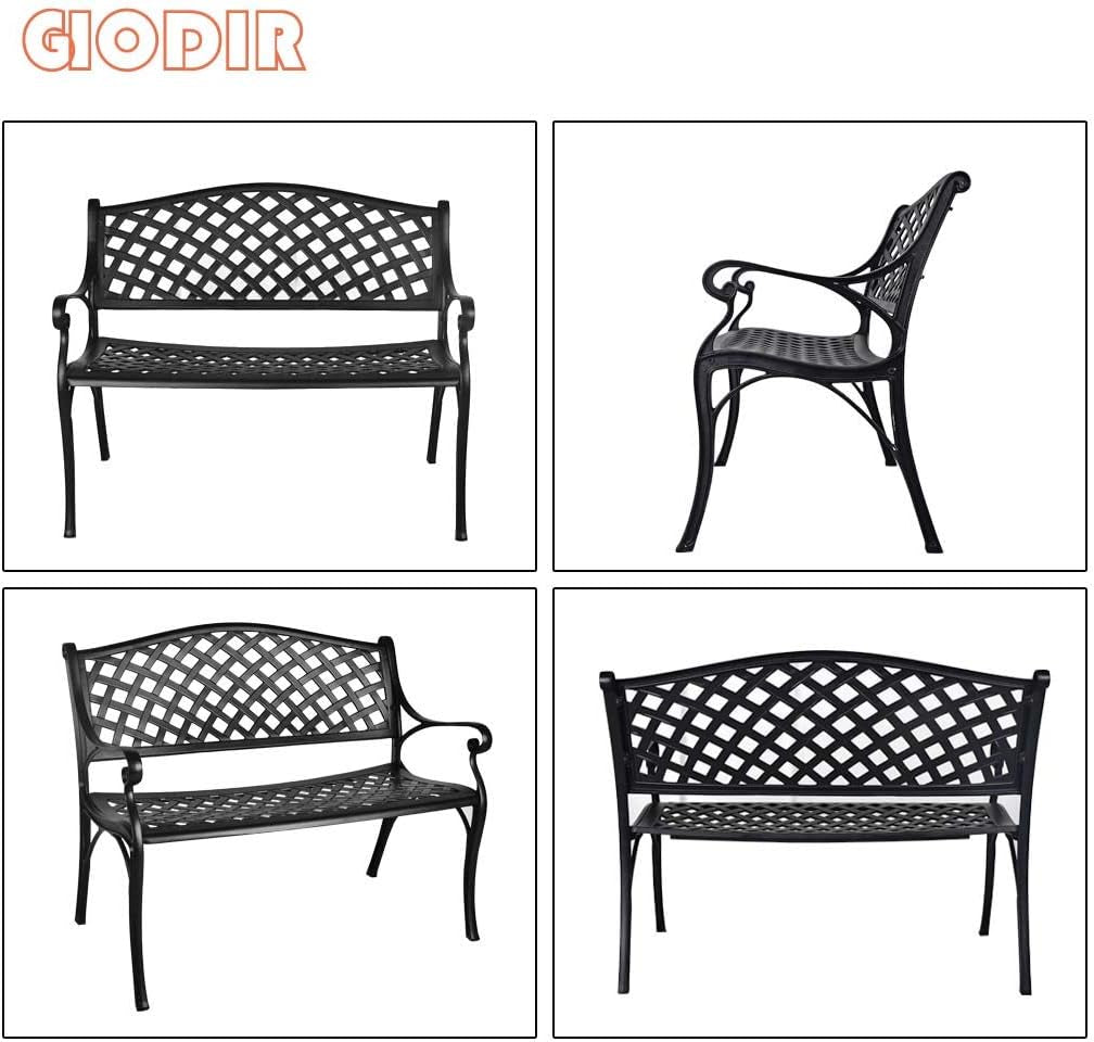 GIODIR Outdoor Patio Garden Bench All-Weather Cast Aluminum Loveseats Park Yard Furniture Porch Chair Work Entryway Decor W/Checkered Design (Black) Benches Lawn & Garden Patio Patio Furniture & Accessories Patio Seating