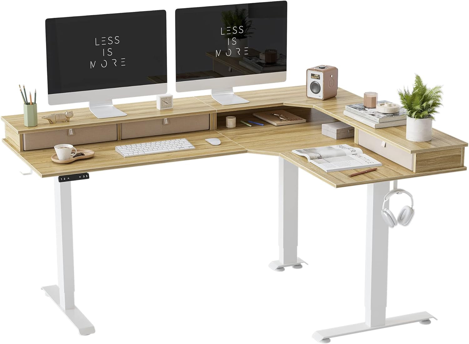 FEZIBO Triple Motor 63" L Shaped Standing Desk with 3 Drawers, Electric Standing Gaming Desk Adjustable Height, Corner Stand up Desk with Splice Board, White Frame/White Top Furniture Home & Kitchen Home Office Desks Home Office Furniture