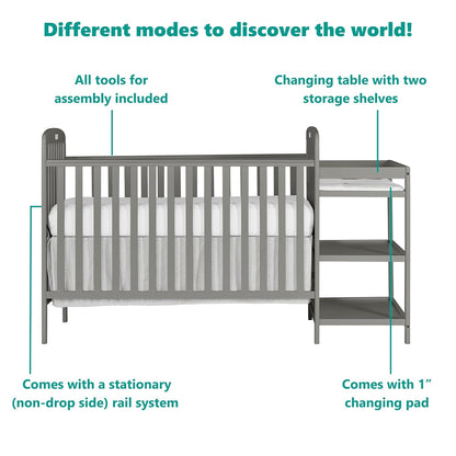 Anna 3-In-1 Full-Size Crib and Changing Table Combo in Steel Grey, Greenguard Gold Certified, Non-Toxic Finishes, Includes 1" Changing Pad, Wooden Nursery Furniture Baby Products Changing & Dressing Changing Tables Furniture Nursery