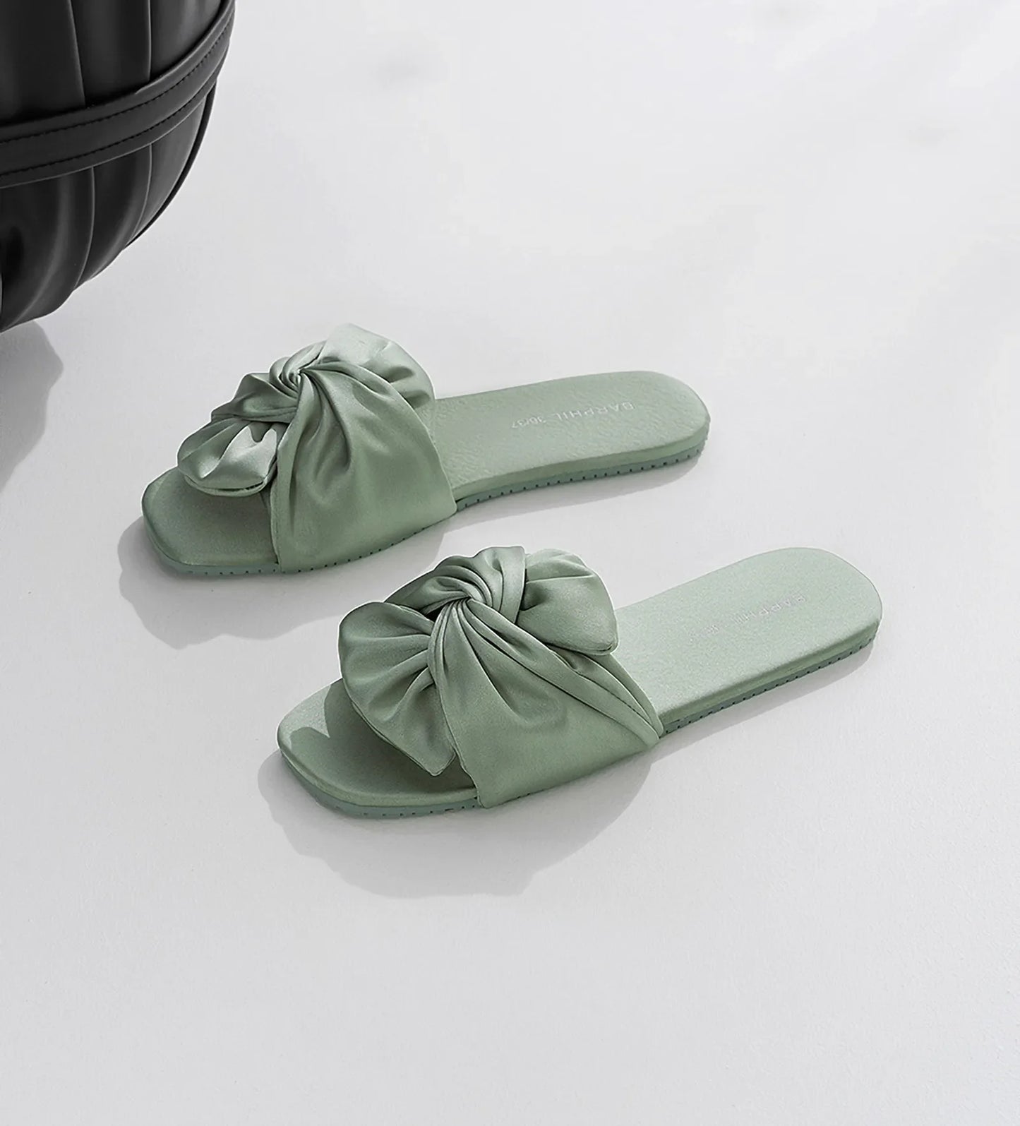 Silky Ruched Bow Cotton Sateen House Slippers