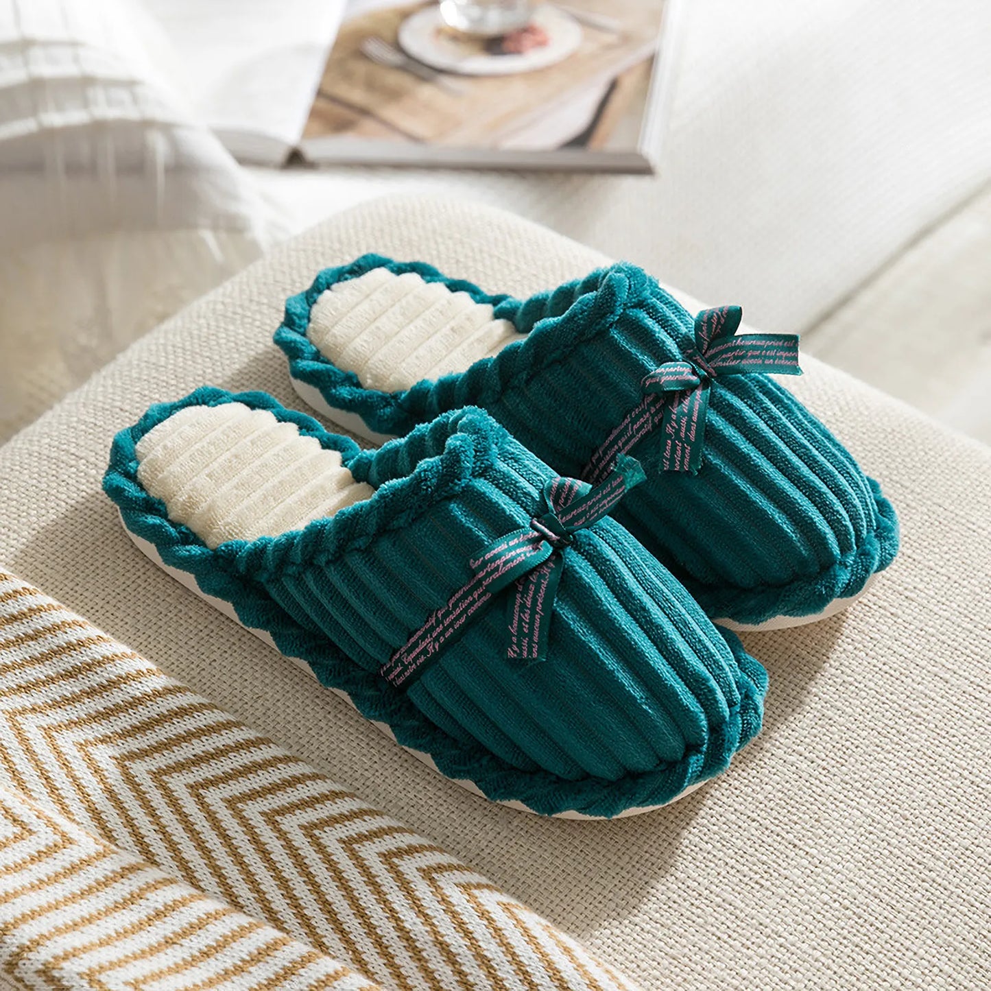 Plush Ribbed Bow Corduroy House Slippers