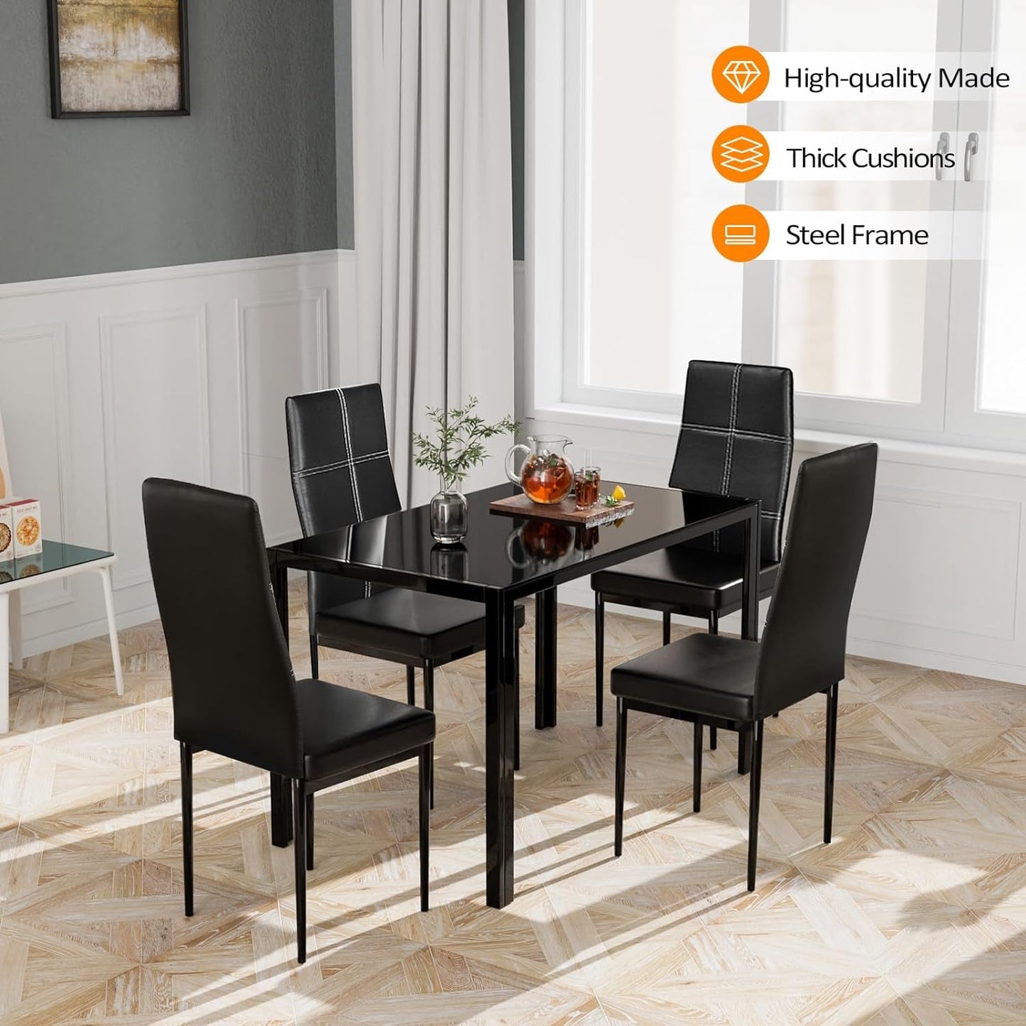 Bonnlo 5 Piece Modern Table Set for 4,Kitchen Table and Chairs for 4,Black Glass Small Kitchen Table and PU Leather Chairs for Dining Room Small Spaces,Metal Frame,Black Dining Room Furniture Furniture Home & Kitchen Table & Chair Sets