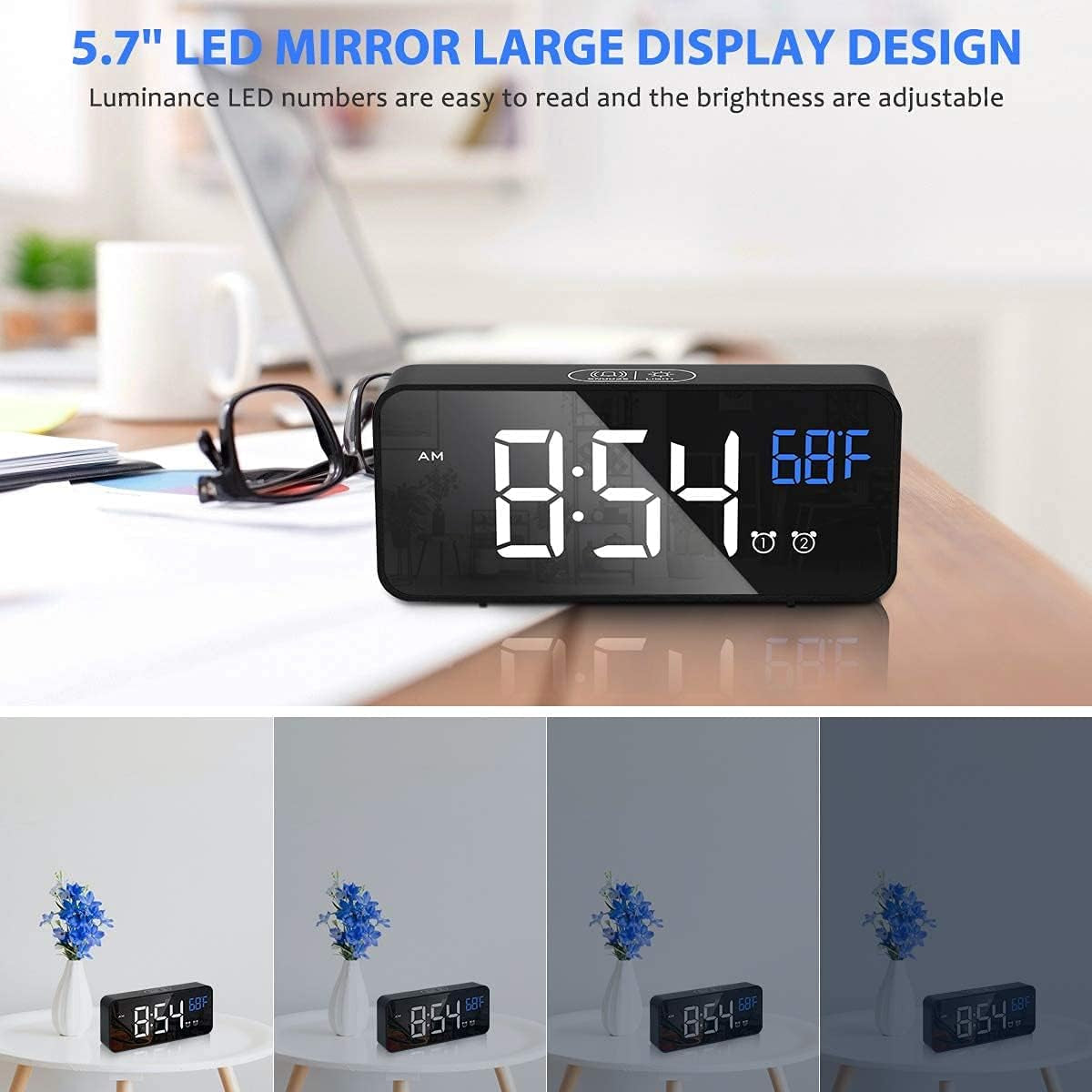 Digital Alarm Clock for Bedroom, Heavy Sleepers, LED Large Number Mirror Display with USB Charger, Loud Dual Alarm Clock with Snooze, Easy to Set, Adjustable Brightness