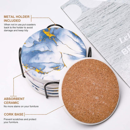 Coasters for Drinks, Absorbent Drink Coasters with Holder (6-Piece Set), Marble Coasters, Ceramic Blue Coasters Set for Home and Kitchen - Glacier Bar Tools Bar Tools & Drinkware Coasters Dining & Entertaining Home & Kitchen Kitchen & Dining