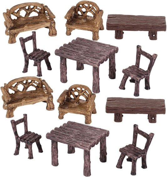 Skylety 12 Pieces Garden Furniture Ornaments Miniature Table and Chairs Set Village Micro Resin Bench Chair for Dollhouse Accessories Home Micro Landscape Decoration (Vintage Style) Furniture Garden Miniatures Garden Sculptures & Statues Lawn & Garden Outdoor Décor Patio