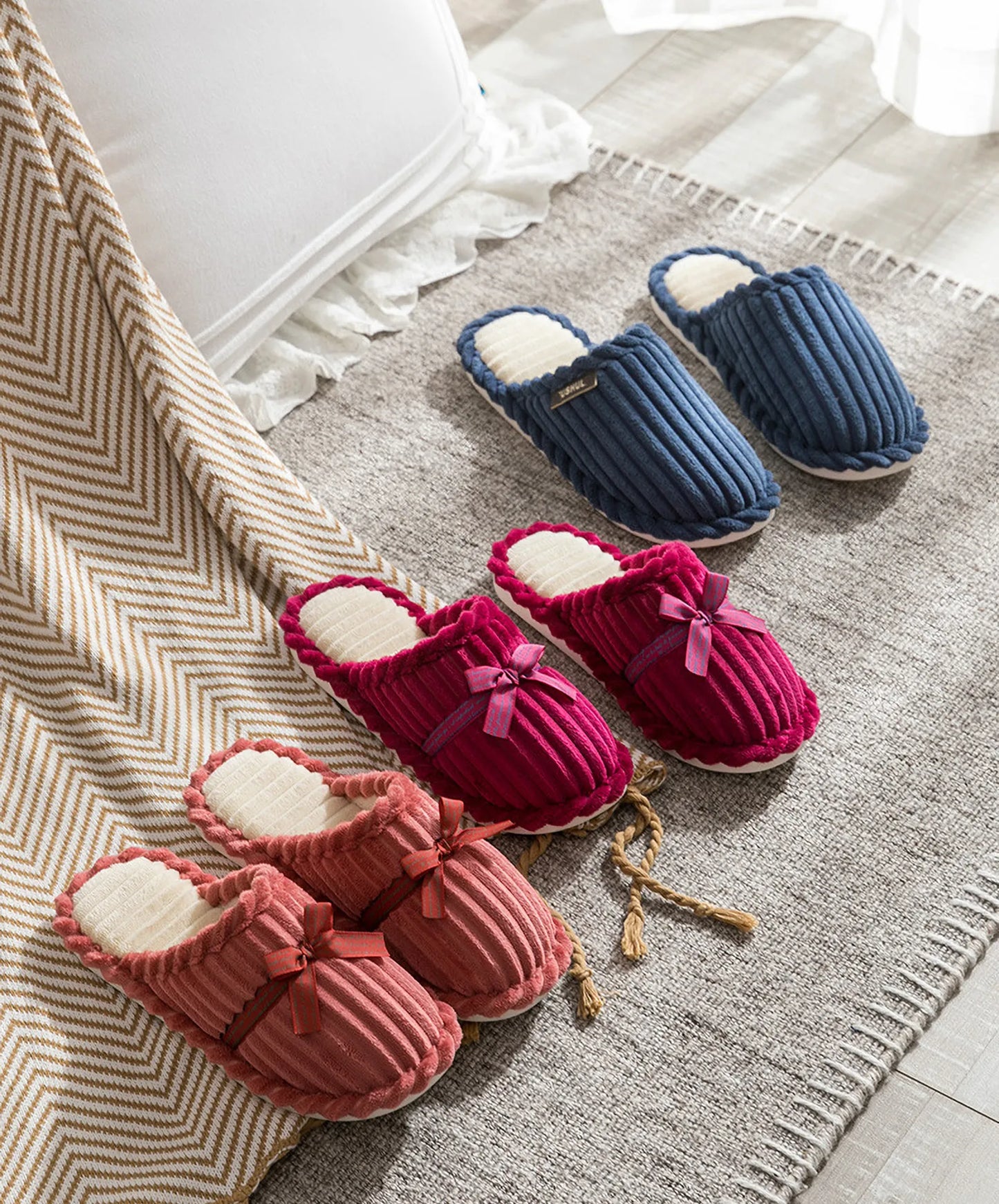 Plush Ribbed Bow Corduroy House Slippers