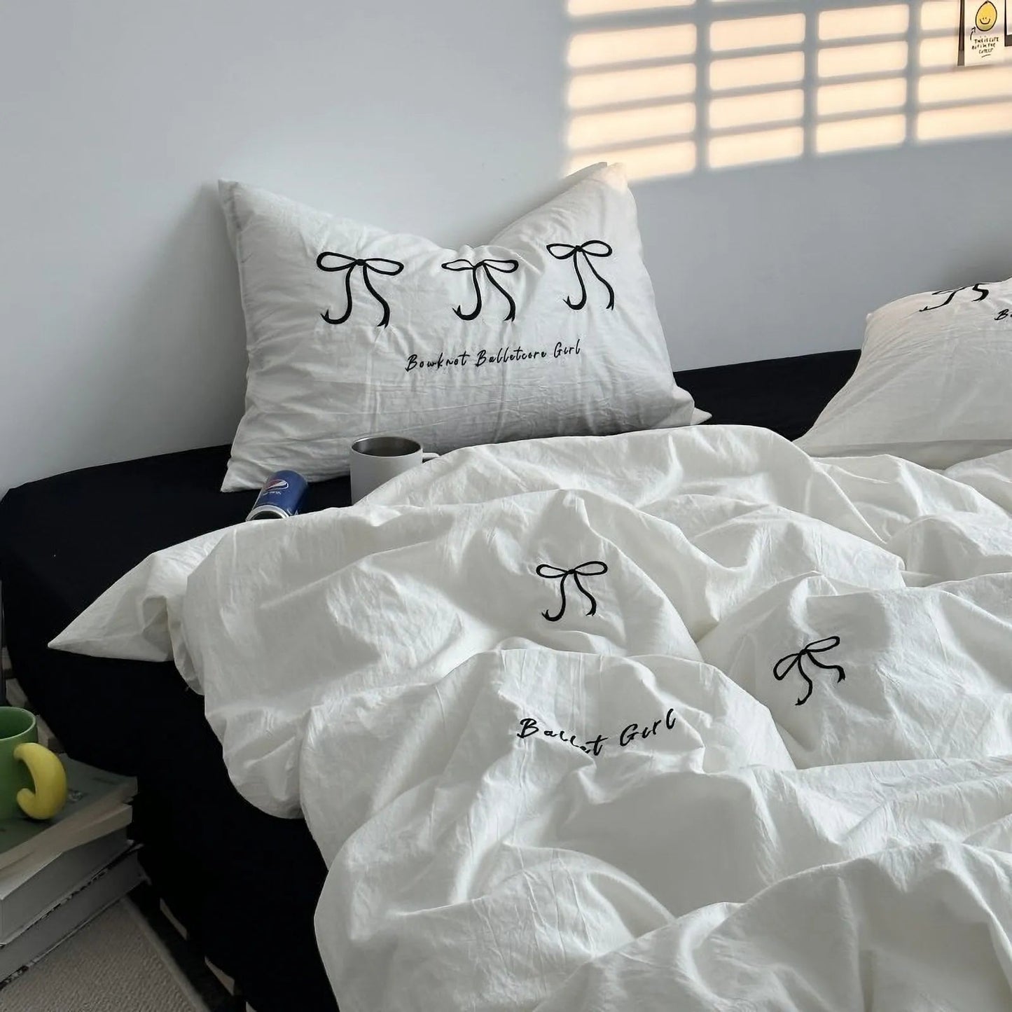 Textured Embroidered Bowknot Washed Cotton Bedding Set