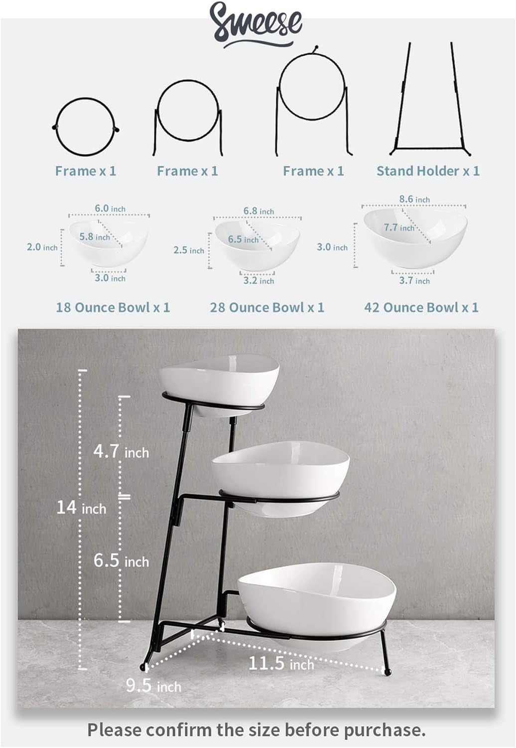 Sweese 736.101 3 Tier Oval Bowl Set with Sturdier Metal Rack, Tiered Serving Stand, Chip and Dip Serving Set -Serving Bowls for Parties Chip & Dip Sets Dining & Entertaining Dinnerware & Serveware Divided Dishes Serveware Serving Dishes Trays & Platters