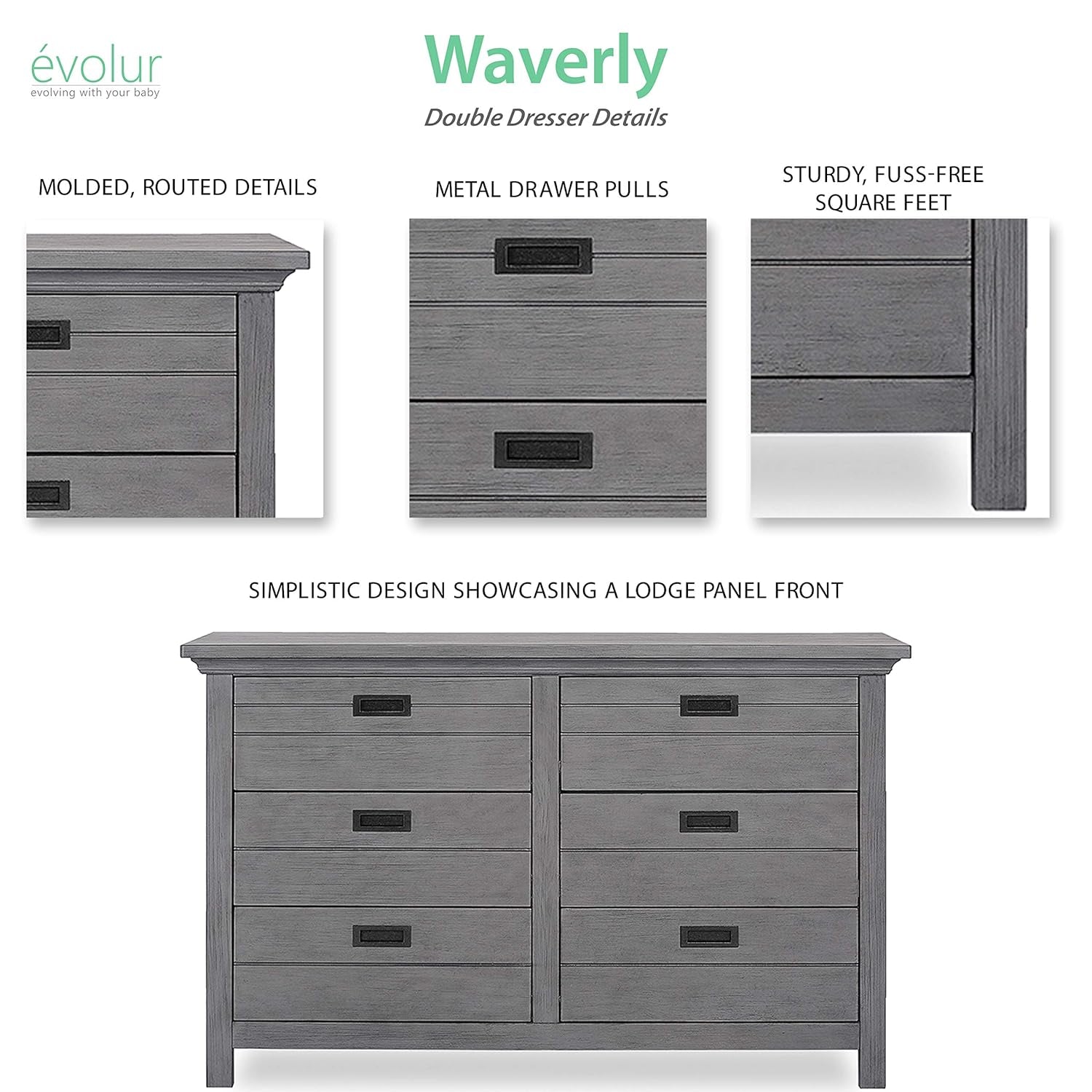 Evolur Waverly Double Dresser, Rustic Grey , 54X20.25X33 Inch (Pack of 1) Baby Products Changing & Dressing Chests & Dressers Furniture Nursery