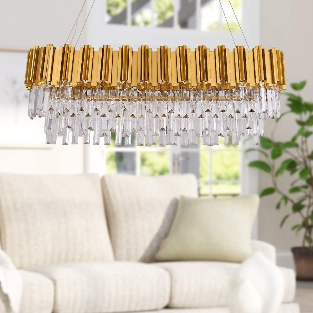 Modern K9 Crystal Chandelier Pendant Light Fixture, Rectangular Ceiling Lamp with 8-Lights for Dining Room & Kitchen, Finished in Chrome, L33.5 Inch Ceiling Lights Chandeliers Lighting & Ceiling Fans Tools & Home Improvement