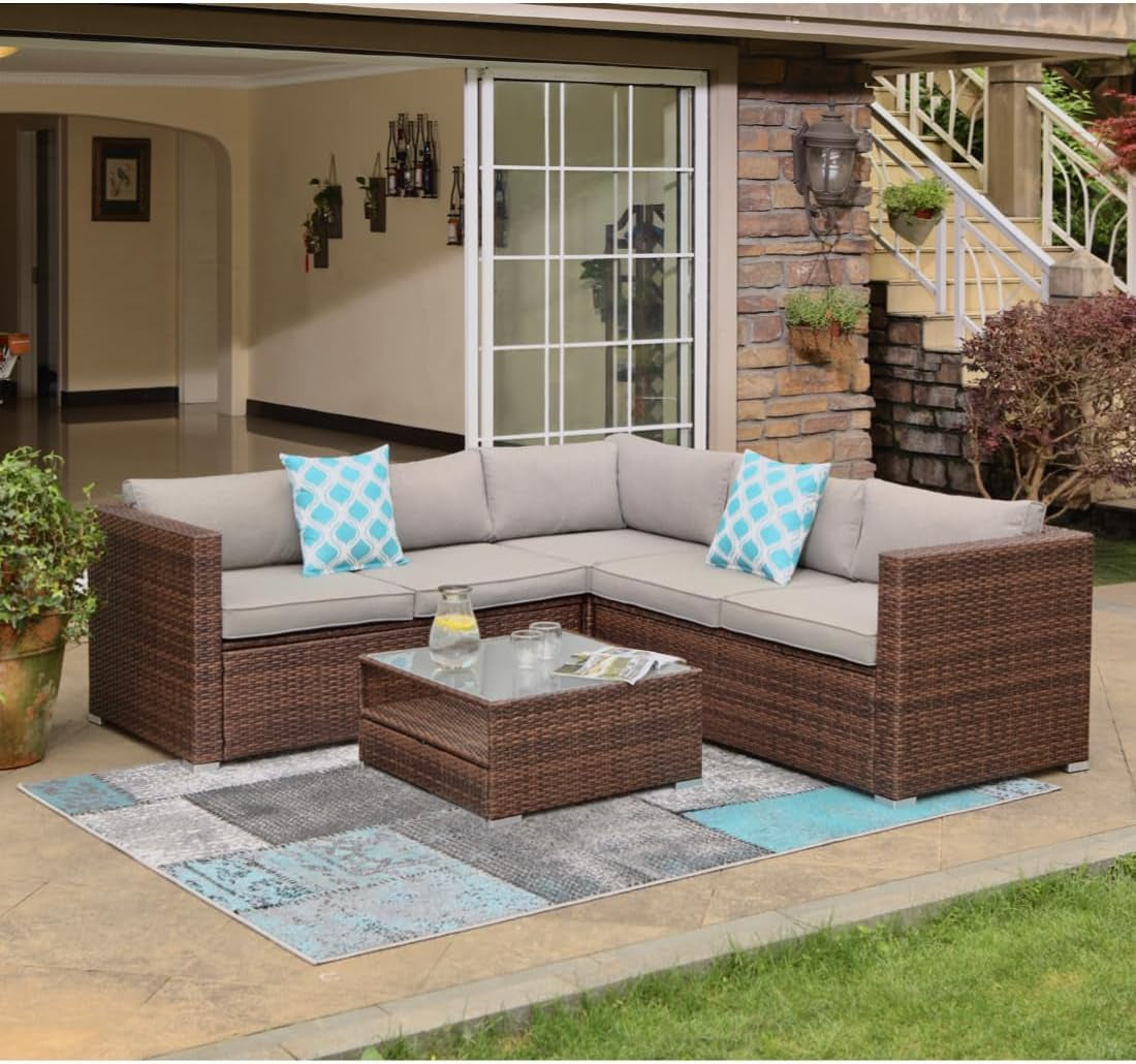 COSIEST 4-Piece Outdoor Furniture Set All-Weather Brown Wicker Sectional Sofa W Warm Gray Thick Cushions, Glass Coffee Table, 2 Teal Pattern Pillows Lawn & Garden Patio Patio Furniture & Accessories Patio Seating Sofas