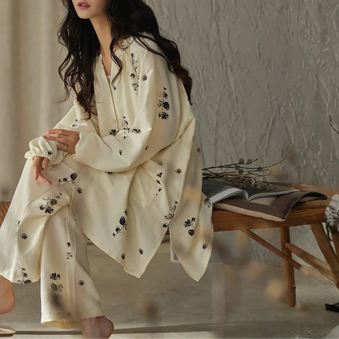 Lightweight Textured Botanical Print Cotton Pajama Set
