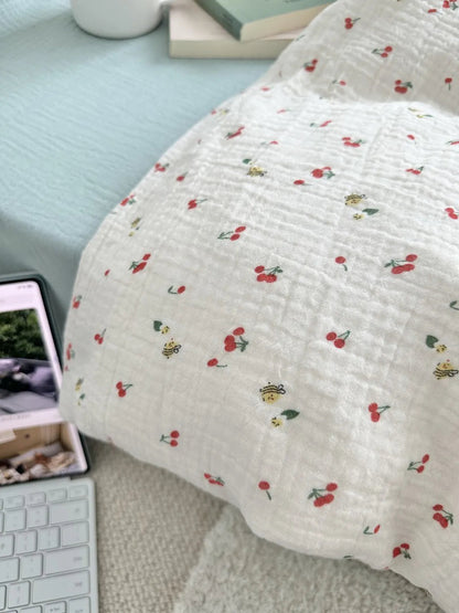 Textured Cherry & Bee Print Washed Cotton Bedding Set
