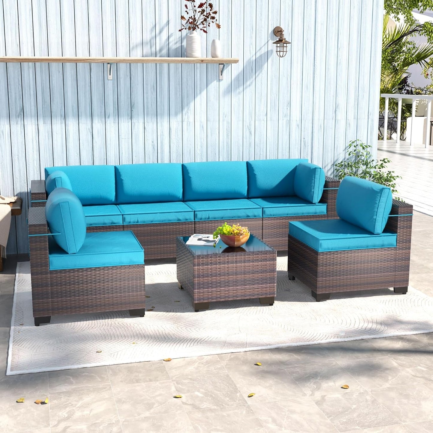 8 Piece Outdoor Patio Furniture with 55000 BTU Propane Fire Pit Table, PE Wicker Rattan Outdoor Sofa Conversation Set,Sectional Furniture Patio Set W/Tempered Glass Top Table&Gas Fire Pit(Red) Conversation Sets Lawn & Garden Patio Patio Furniture & Accessories Patio Furniture Sets