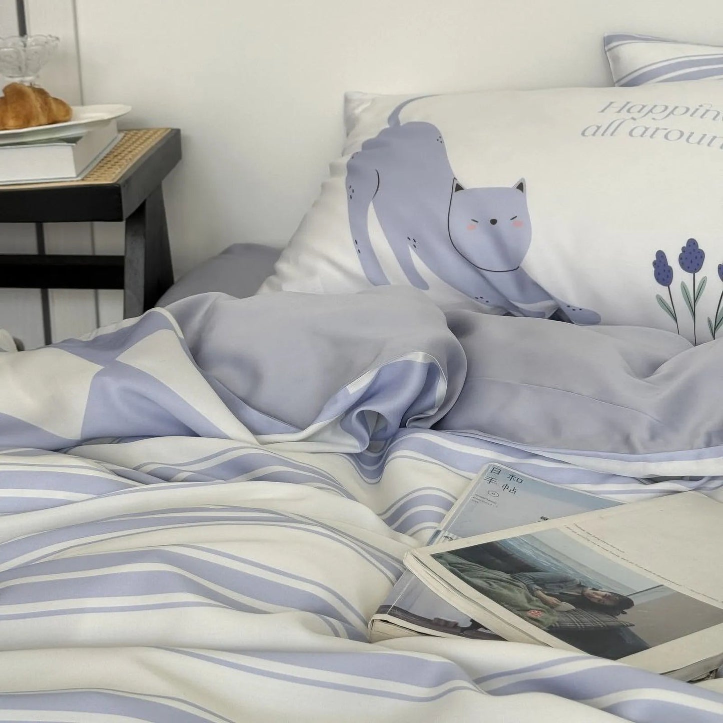 Soft Cat & Stripe Washed Cotton Bedding Set