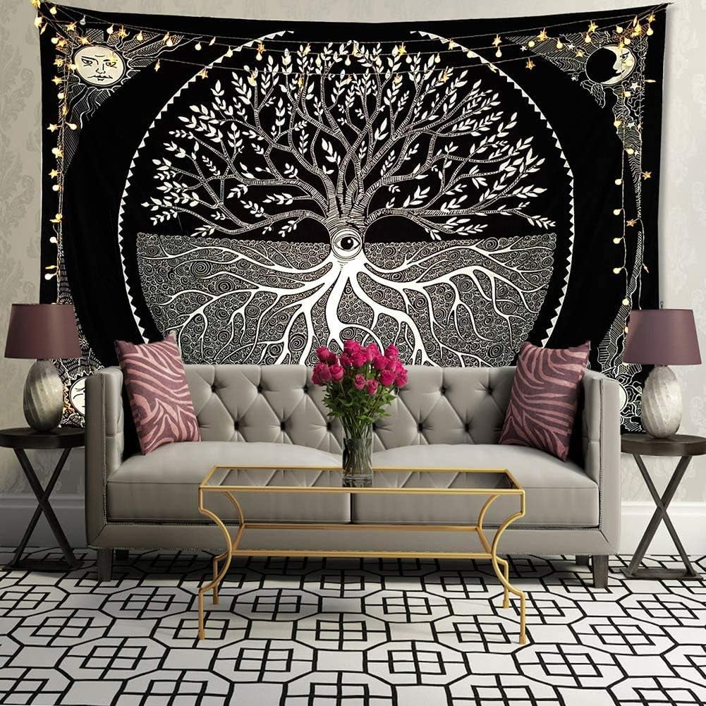 Black and White Tapestry for Bedroom, Tree of Life Sun Moon Tapestry Wall Hanging 130 * 150CM Home & Kitchen Home Décor Products Tapestries