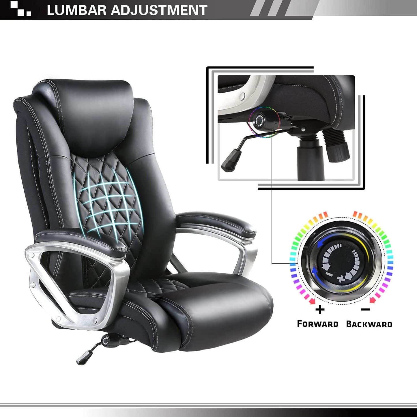 High Back Executive Office Chair 300Lbs - Adjustable Built-In Lumbar Support, Ergonomic Leather Computer Desk Chair with Padded Armrest Swivel Chair for Home and Office (Black) Chairs & Sofas Managerial & Executive Chairs Office Furniture & Lighting Office Products