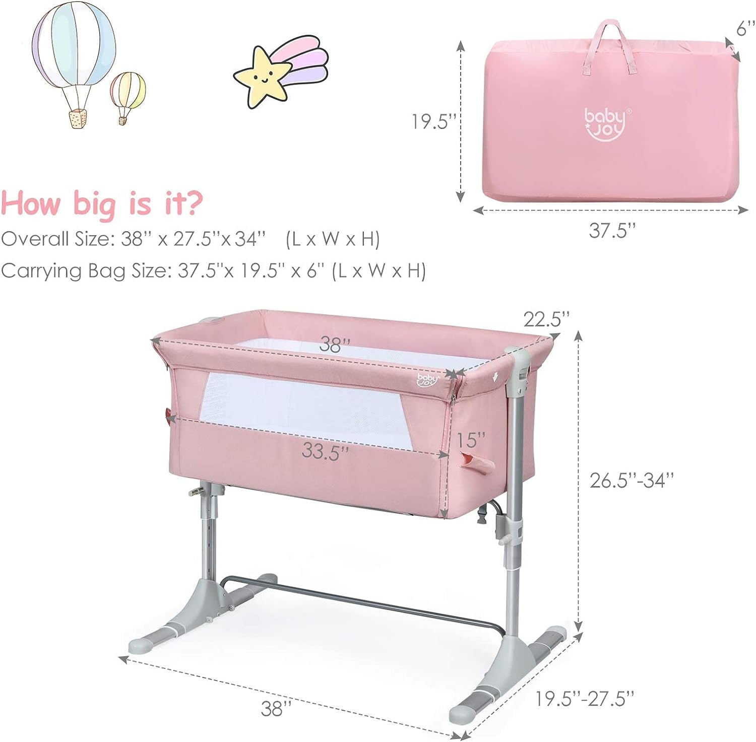 BABY JOY Bedside Bassinet, Co Sleeper Portable Crib W/Travel Bag, Detachable & Washable Mattress, Breathable Mesh, Newborn Infant Baby Bed, Height & Angle Adjustable (Pink) Baby Products Bassinets Bedside Cribs Furniture Infant & Toddler Beds Nursery