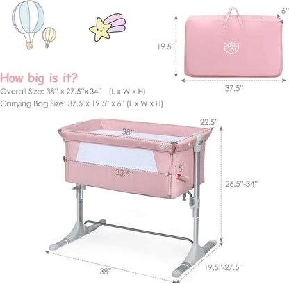 BABY JOY Bedside Bassinet, Co Sleeper Portable Crib W/Travel Bag, Detachable & Washable Mattress, Breathable Mesh, Newborn Infant Baby Bed, Height & Angle Adjustable (Pink) Baby Products Bassinets Bedside Cribs Furniture Infant & Toddler Beds Nursery