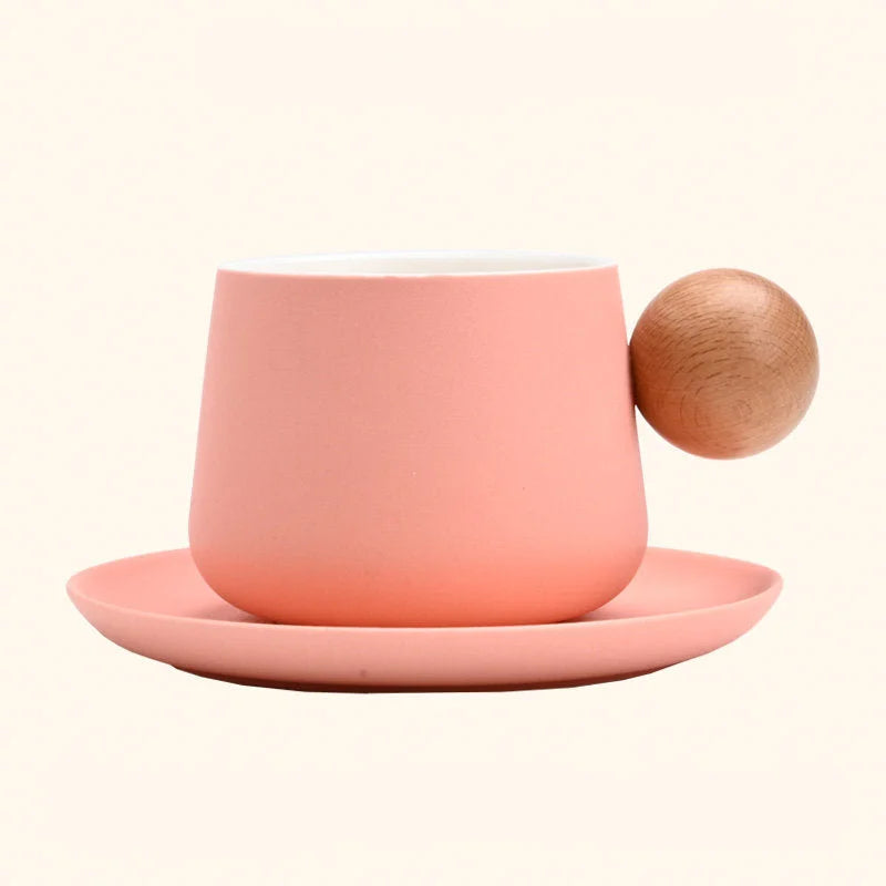 Frosted Ceramic Mug and Saucer with Wooden Ball Handle
