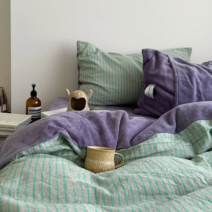 Plush Reversible Striped Flannel Fleece Bedding Set