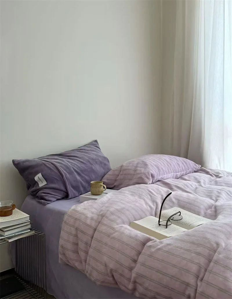 Plush Pinstripe Flannel Fleece Bedding Set