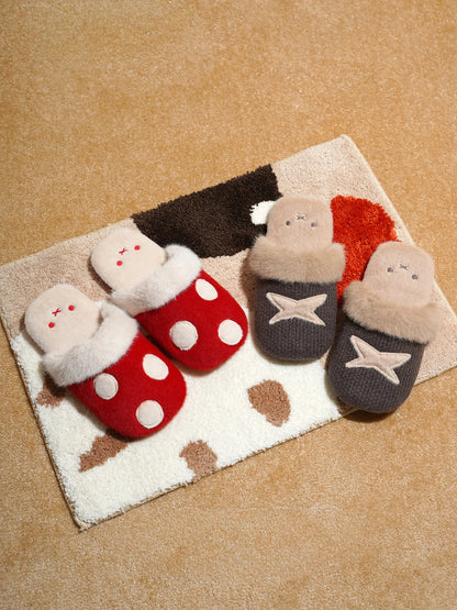 Fuzzy Embroidered Bunny Faux Fur House Slippers