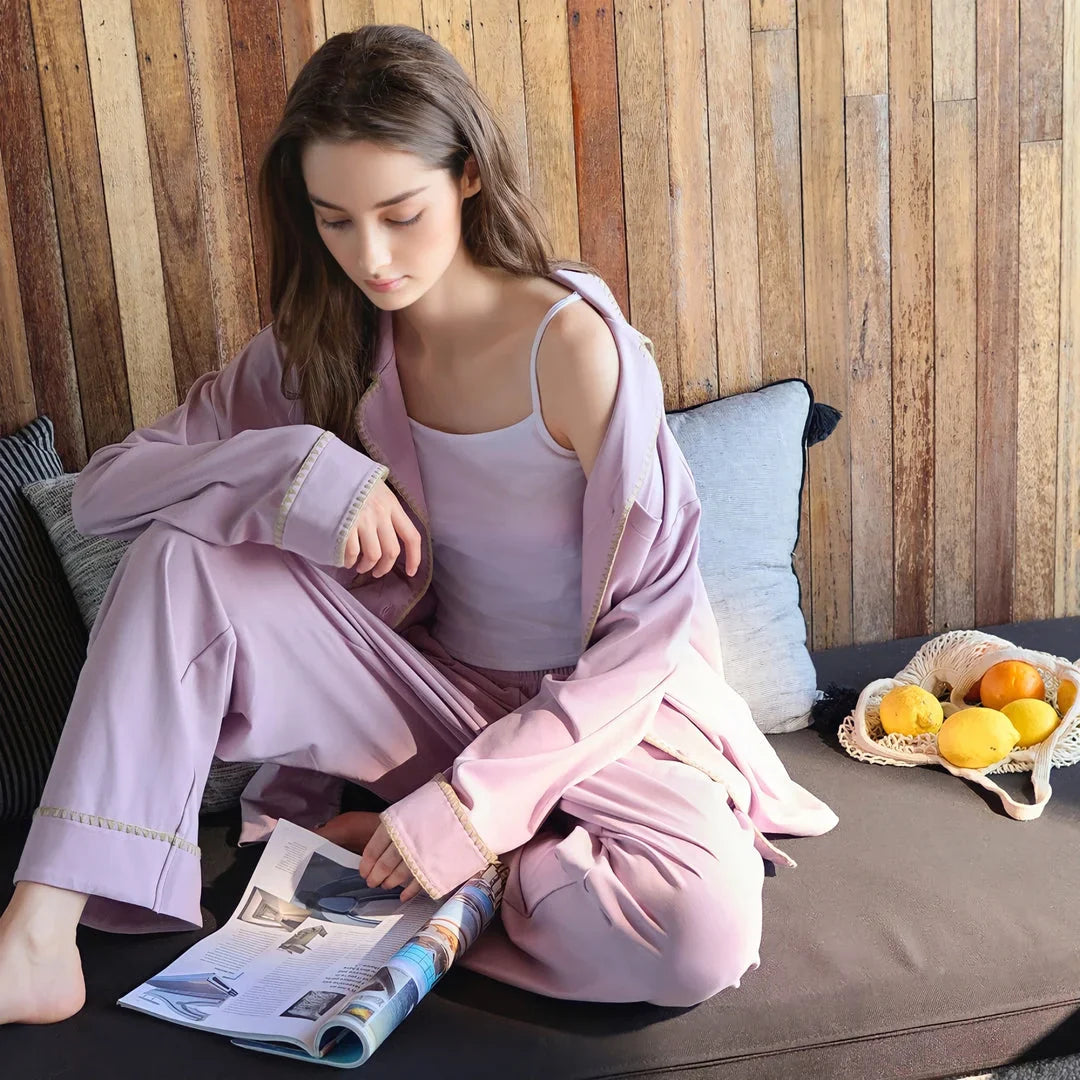 Soft Contrast Trim Cotton Pajama Set