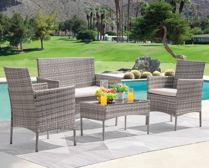 Greesum Patio Furniture 4 Pieces Conversation Sets Outdoor Wickerr Rattan Chairs Garden Backyard Balcony Porch Poolside Loveseat with Soft Cushion and Glass Table, Gray and Beige Conversation Sets Lawn & Garden Patio Patio Furniture & Accessories Patio Furniture Sets