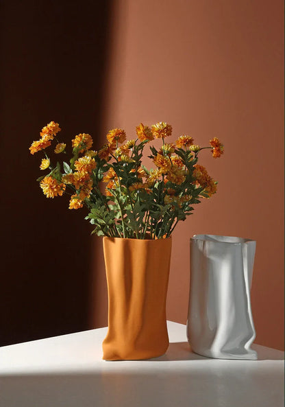 Frosted Ruched Ceramic Paper Bag Vase