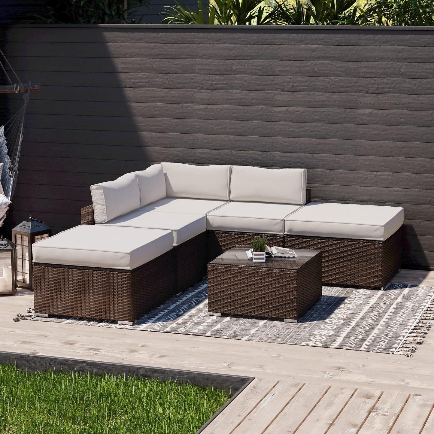 COSIEST 6-Piece Outdoor Furniture Set Brown Wicker Sectional Sofa W Thick off White Cushions, Glass Coffee Table, 2 Ottomans for Garden, Pool, Backyard Conversation Sets Lawn & Garden Patio Patio Furniture & Accessories Patio Furniture Sets