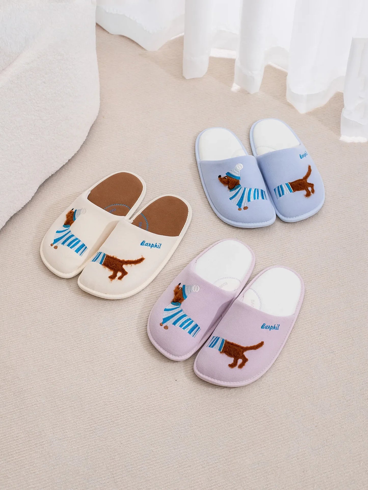 Plush Embroidered Dachshund Slides Polyester House Slippers