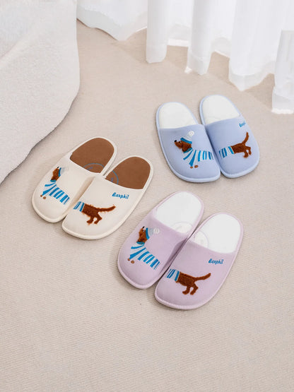 Plush Embroidered Dachshund Slides Polyester House Slippers