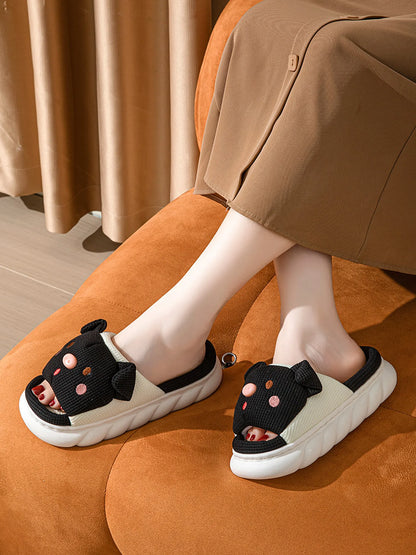Waffle Textured Embroidered Pig Linen House Slippers