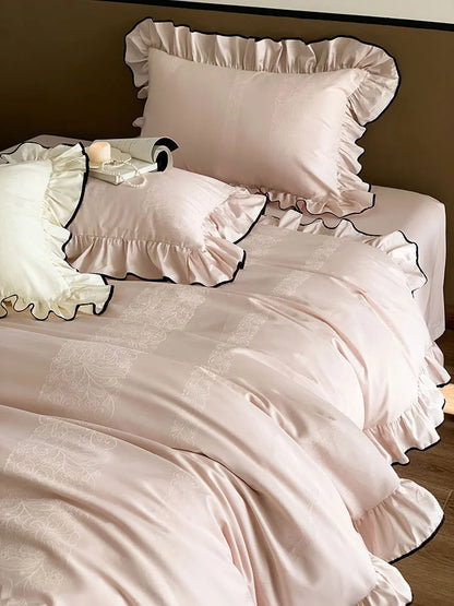 Silky Ruffled Jacquard Tencel Bedding Set with Contrast Trim