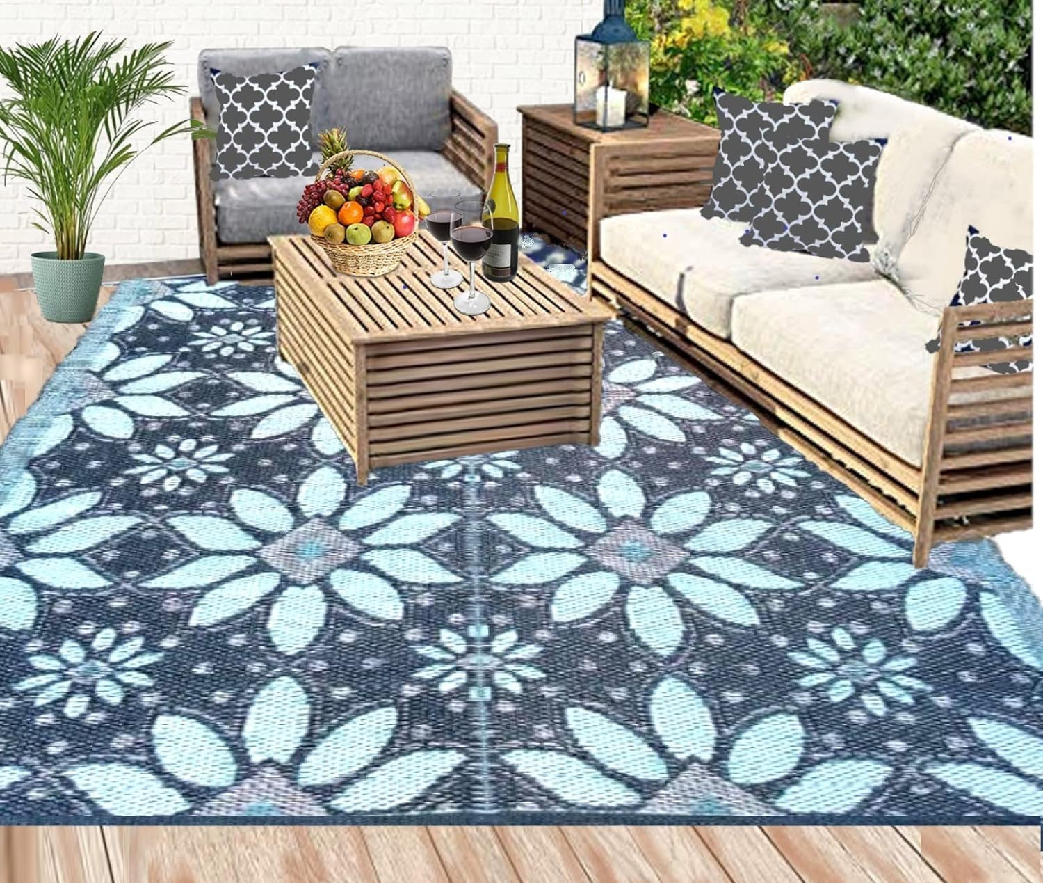 Balajeesusa Outdoor Rug - 5X7 Sky Blue, Black, Grey, Reversible Recycled Plastic Straw Outdoor Patio Rugs Clearance Waterproof Large RV Camper Rug 287 Lawn & Garden Outdoor Décor Outdoor Rugs Patio