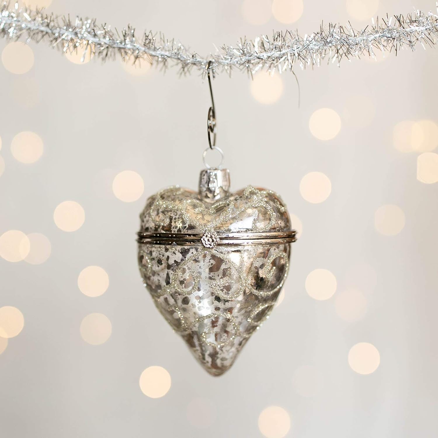 1 Silver Heart Mercury Christmas Glass Ornament - Vintage Look Heirloom Quality Holiday Decoration. Opens to Add Small Gifts - Includes 6 Swirl Hooks Hanging Ornaments Home & Kitchen Home Décor Accents Home Décor Products