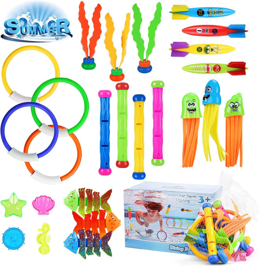 Biulotter Dive Toys 27 Pack,Pool Toys for Kids Includes 4 Diving Rings, 4 Diving Sticks, 4 Torpedo Bandits, 3 Stringy Octopus, 3 Seaweeds, 4 Treasures,3 Fish Toys, 1 Storage Mesh Bag, 1 Gift Box Dive Rings & Toys Pool Toys Pools & Water Toys Sports & Outdoor Play Toys & Games