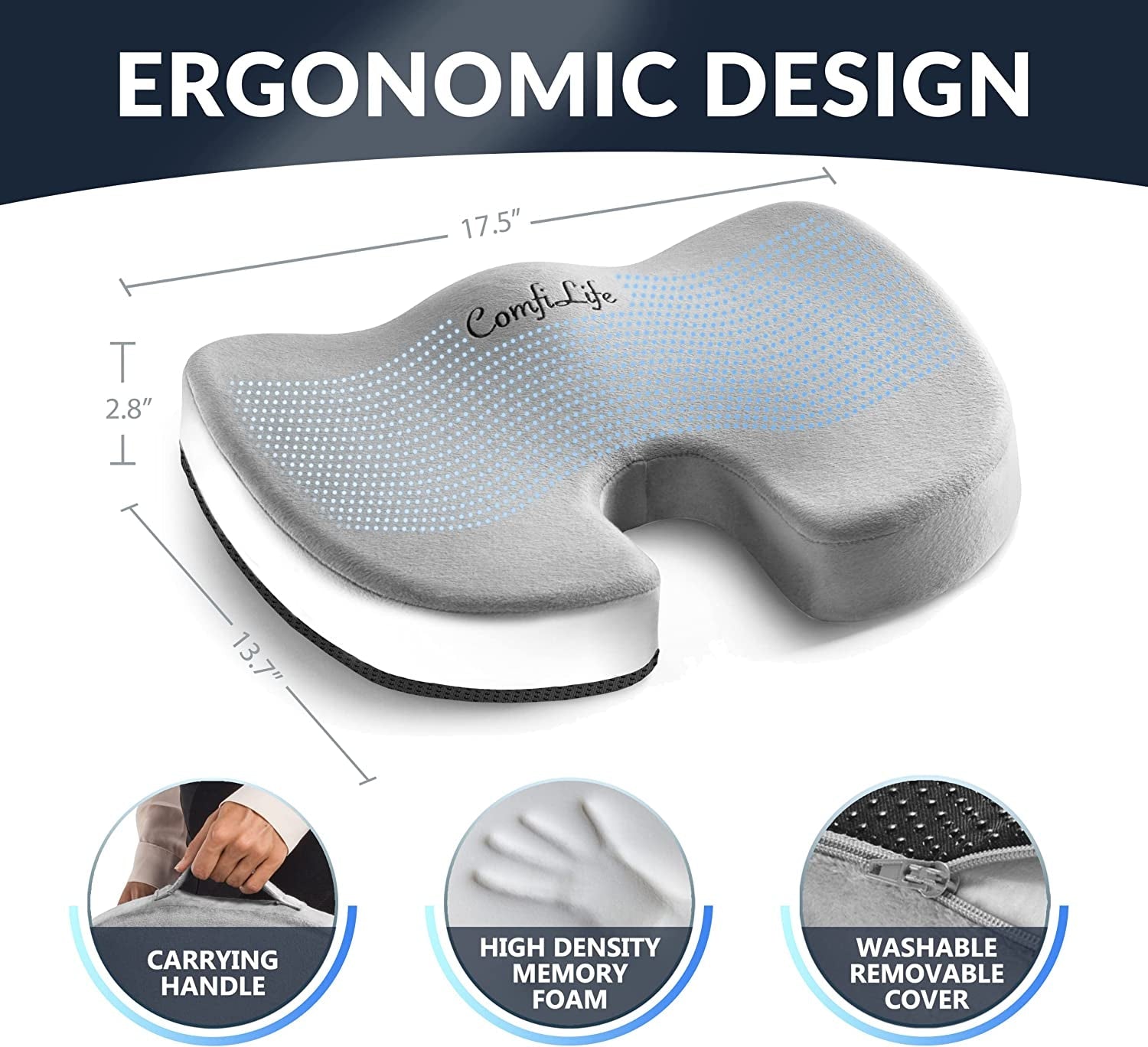 Comfilife Gel Enhanced Seat Cushion – Office Chair Cushion – Non-Slip Gel & Memory Foam Coccyx Cushion for Tailbone Pain - Desk Chair Car Seat Cushion Driving - Sciatica & Back Pain Relief (Gray) Back & Seat Cushions Furniture Accessories Office Furniture & Lighting Office Products