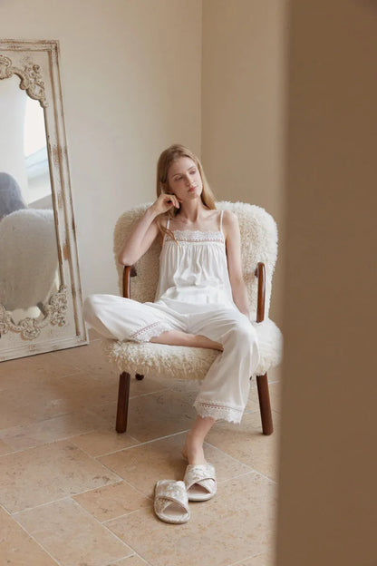 Silky Lace Trim Cotton Sateen Pajama Set