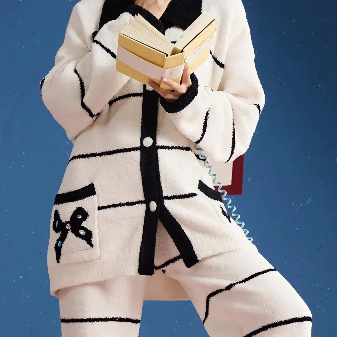 Plush Striped Fleece Pajama Set with Bow Detail