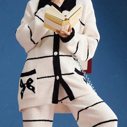 Plush Striped Fleece Pajama Set with Bow Detail
