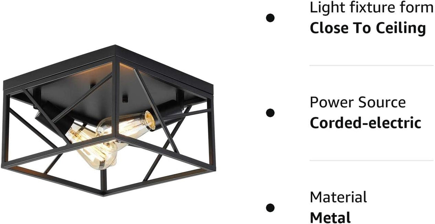 Modern Black Flush Mount Light Fixture Two-Light Industrial Metal Square Semi Flush Mount Ceiling Light for Hallway Bedroom Kitchen Entryway Farmhouse Dining Room Ceiling Lights Close To Ceiling Lights Lighting & Ceiling Fans Tools & Home Improvement