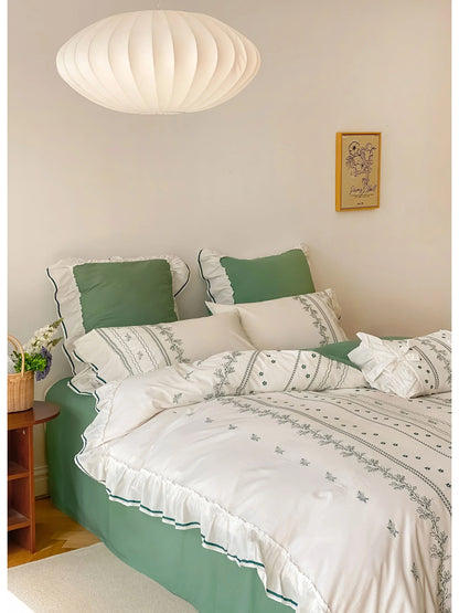 Ruffled Floral Vine Embroidered Cotton Bedding Set