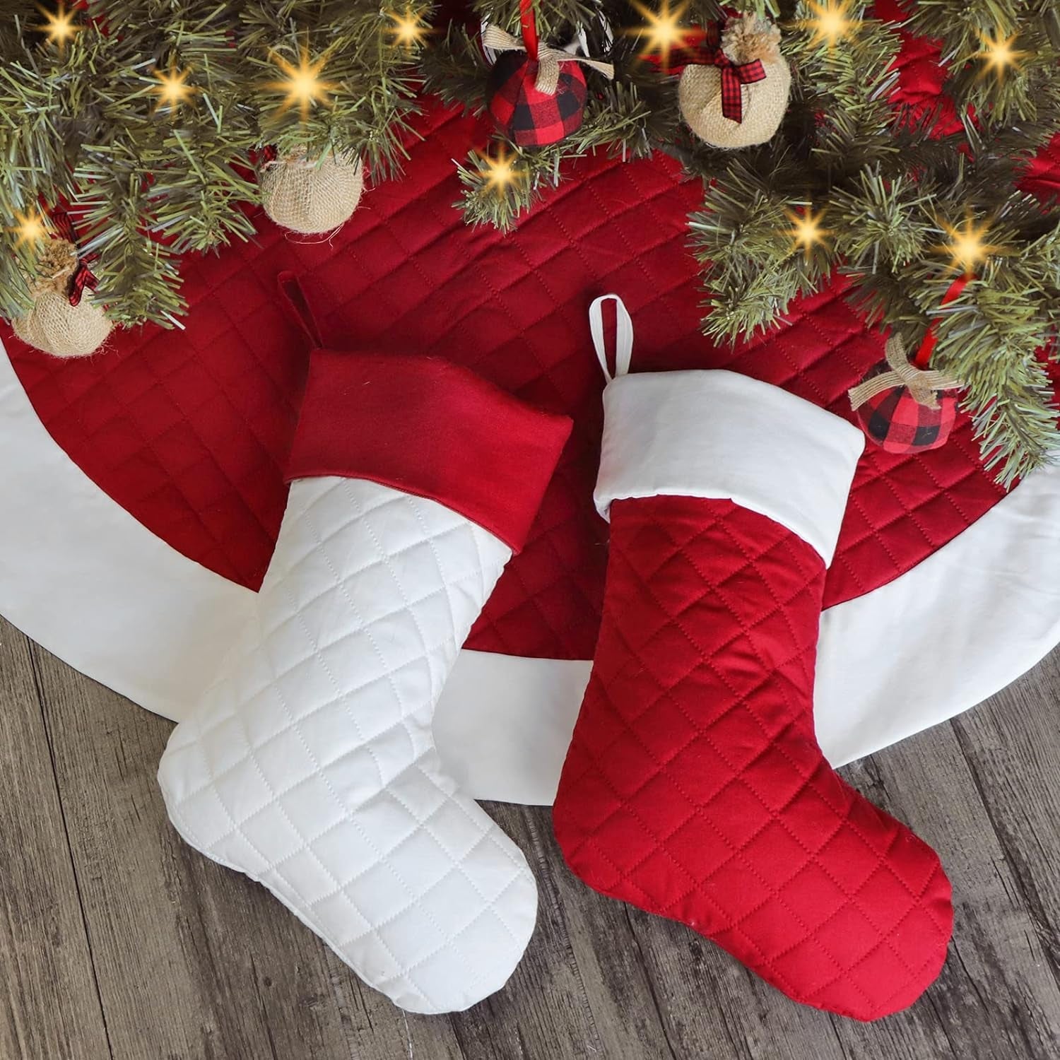 Ivenf Christmas Stockings, 4 Pcs 18 Inches Quilted Cotton Red or White Thick Luxury Stockings, for Family Holiday Xmas Party Decorations… Home & Kitchen Seasonal Décor Stockings Stockings & Holders