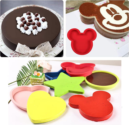 Silicone Cake Pans Baking Bakeware Molds, Shape of Round, Heart, Star and Mickey Head (6In, 4Pcs)