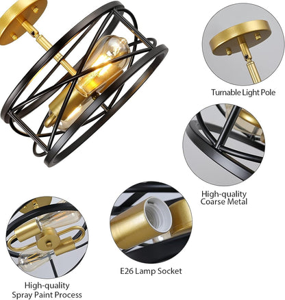 Semi Flush Mount Ceiling Light Fixtures, 2-Light Modern Kitchen Ceiling Light Farmhouse Industrial Sloped Ceiling Lighting with for Metal Drum Cage Hallway Bedroom Stair, Black and Gold Ceiling Lights Close To Ceiling Lights Lighting & Ceiling Fans Tools & Home Improvement