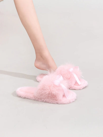 Plush Satin Bow Faux Fur House Slippers
